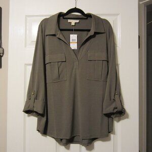 Michael Kors Plus Size Blouse Size 3X | NWT $98 | Olive Green Top w Gold Buttons